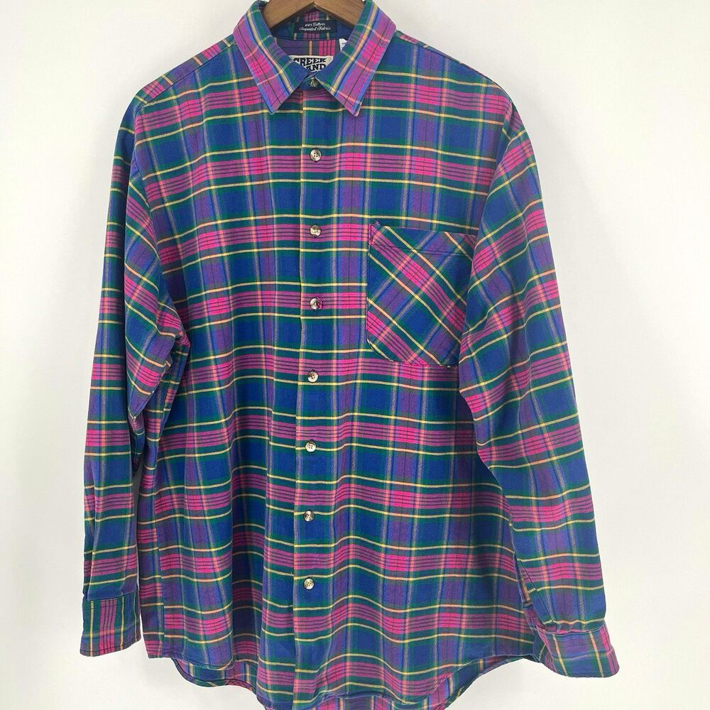 VTG Creek Brand Sport Men’s L Woven Cotton Plaid Long Sleeve Button-Up Pockets